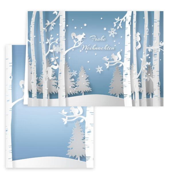 Weihnachtskarten Hellblau weiße Waldmotive